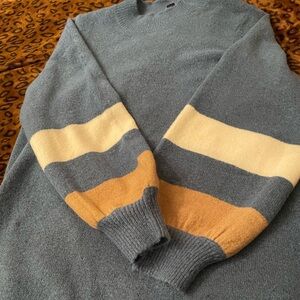 Nina Leonard womensCrewneck Sweater in Blue with Cream and Tan Stripes